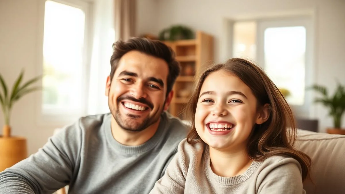 Father and daughter smiling together in a bright home, showing healthy teeth